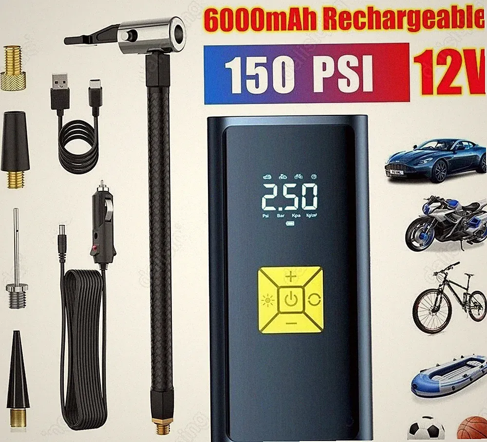 150 PSI Air Compressor Tire Inflator Fits Car Moto Bike Tires Air Pump Cordless