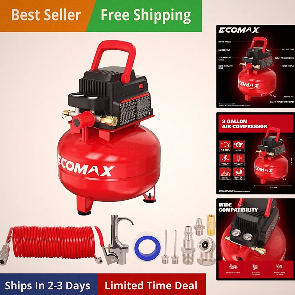 Air Compressor 3 Gallon 110 PSI Pancake Portable Oil-free Tank with 11 PCS Ac...