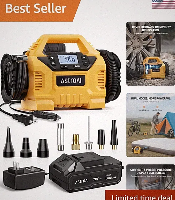Cordless Tire Inflator Portable Air Compressor 160PSI with HD Screen & 3 Sources