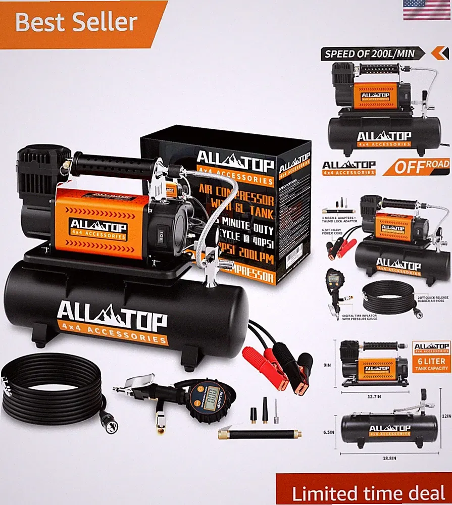 Heavy Duty 12V Offroad Air Compressor Kit with 6L Oil-Free Tank
